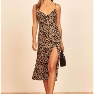 Reformation Crimini Bobcat Animal Print Spaghetti Strap Midi Dress Sz 2